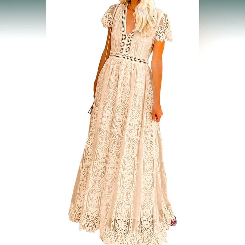 Beige lace cap sleeve dress